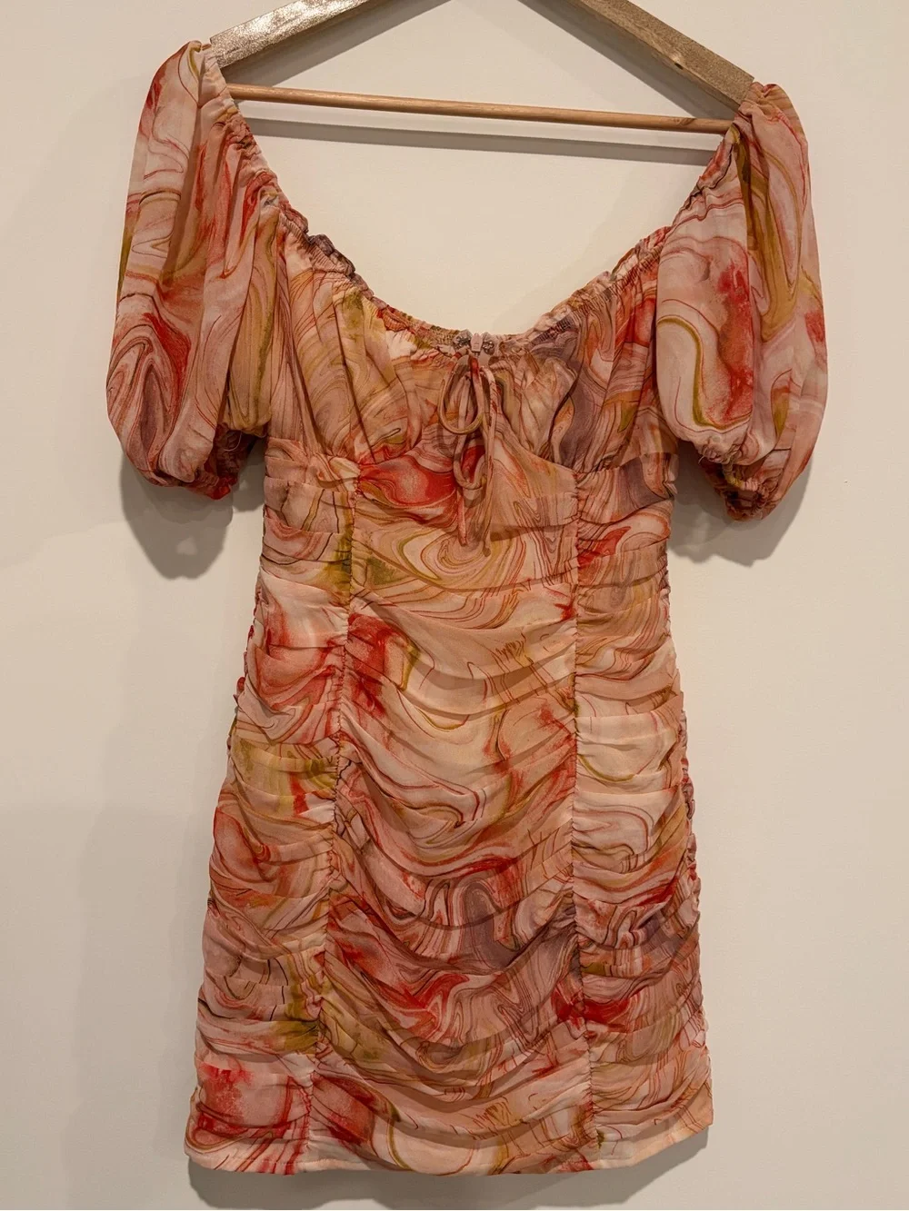SweetPot Size 6 Multicolor Abstract Marble Mesh Ruched Puff Sleeve Mini Dress